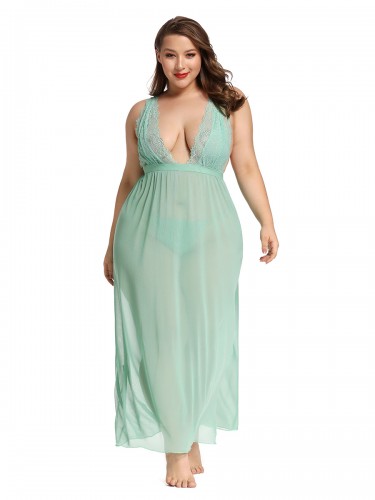 daring-green-plus-size-v-neck-babydool-with-thong-trendy-online